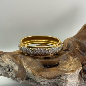 Swarovski Swan Signed Gold Tone Pave Crystal Hinged Oval Bangle Bracelet